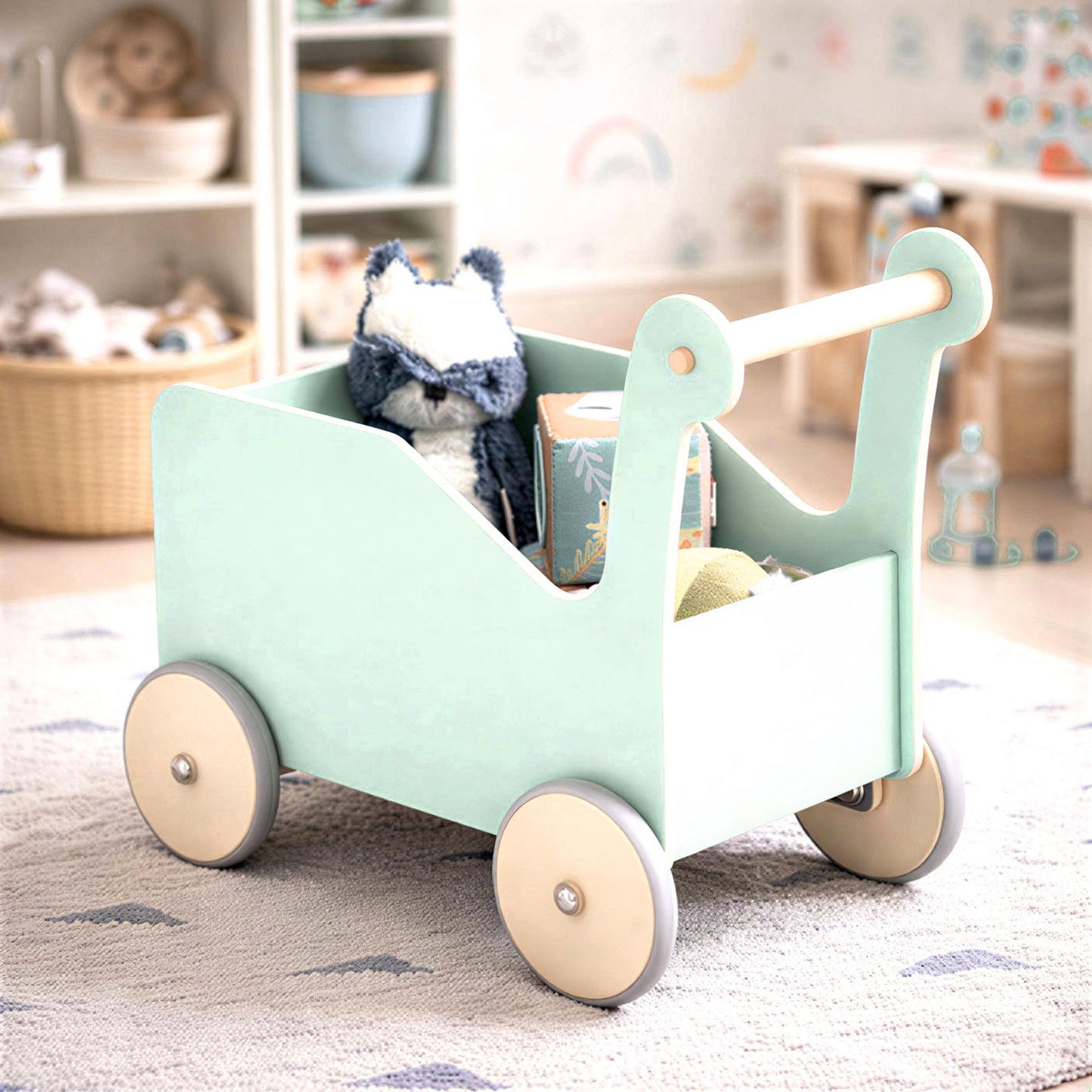 Wooden Baby Walker with Toy Storage – Push Cart for Toddlers | Montessori Style Learning Walker